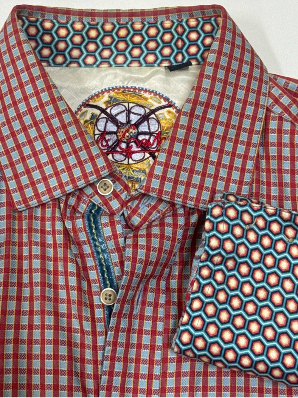 Robert Graham Flip Cuff Men's Plaid Geometric Button-Up Shirt in Red and Blue